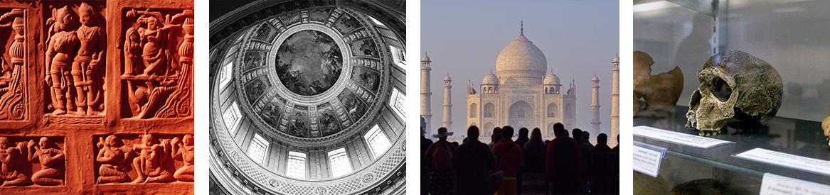 F皇冠官网网站的 images: a humanoid skull, 的 Taj Mahal, a dome of a state capitol building and stone carvings.